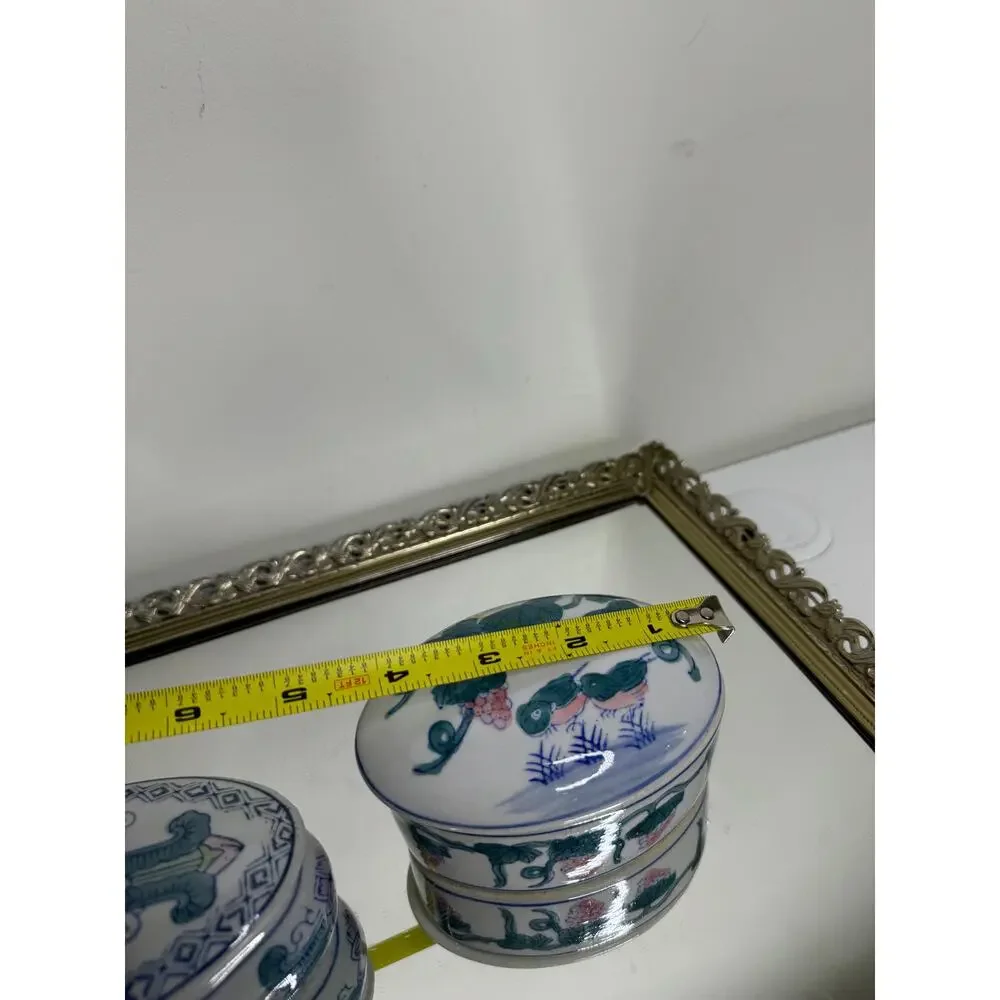 Set of Two Vintage Oval Chinese Oriental Porcelain Trinket Box/jewelry Box Kitsc